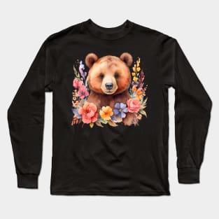 A brown bear decorated with beautiful watercolor flowers Long Sleeve T-Shirt